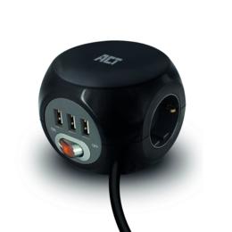 ACT AC2400 Kubusvormige stekkerdoos 3-voudig met USB 1,5m