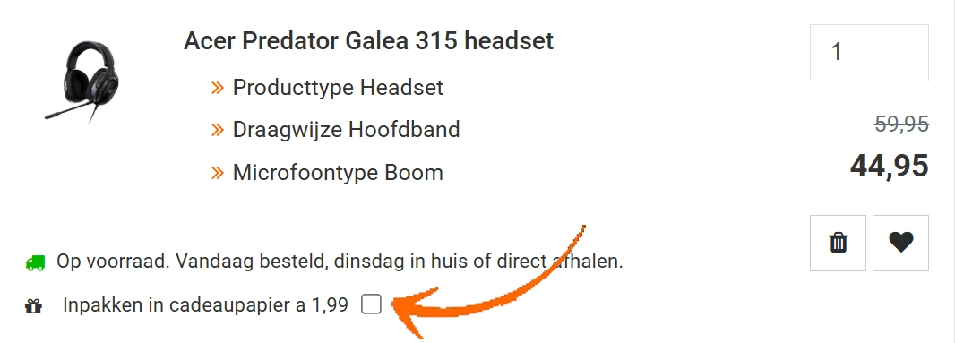 In de winkelmand vinkje de cadeauservice aan bij het product dat je wilt laten inpakken