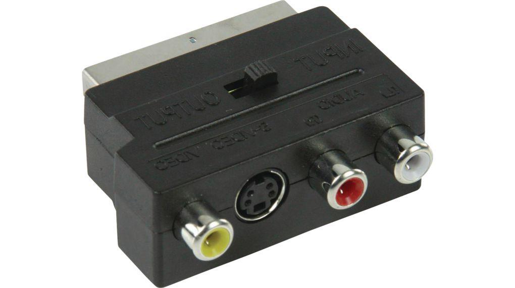 Schakelbare SCART-Adapter | SCART Male S-Video Female + 3x RCA Female | Zwart