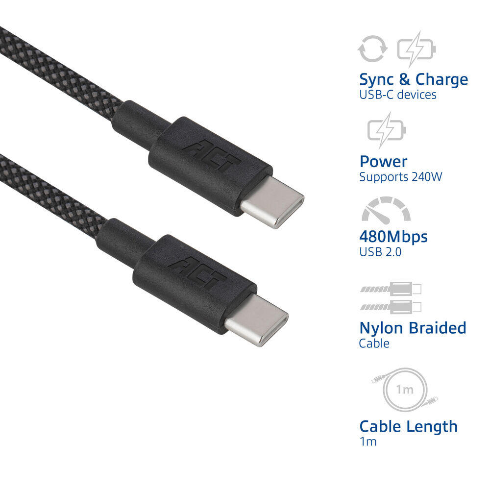ACT USB-C kabel 240W 1m zwart